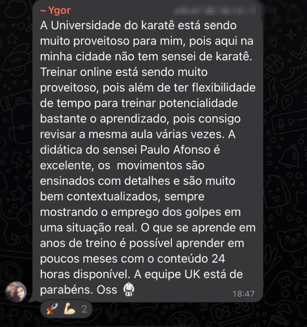 Depoimento de aluno no WhatsApp