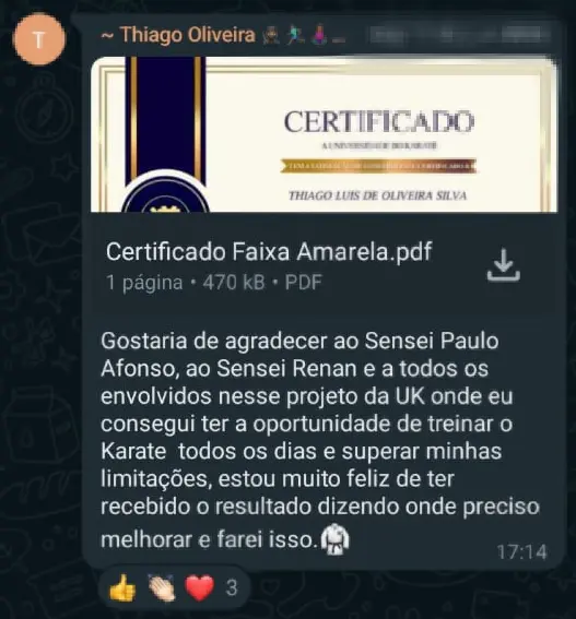 Depoimento de aluno no WhatsApp