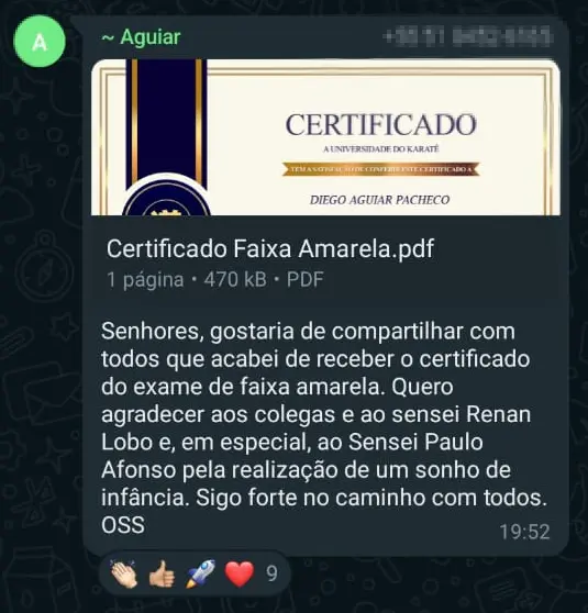 Depoimento de aluno no WhatsApp