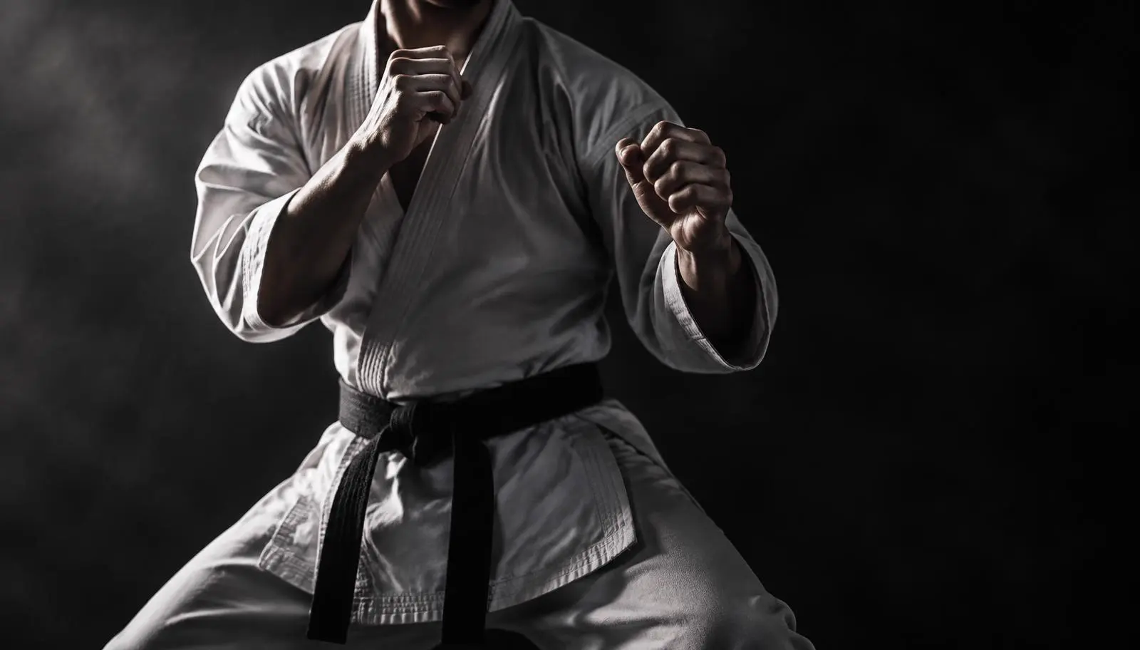 Karateca em kamae de combate com faixa preta em foco