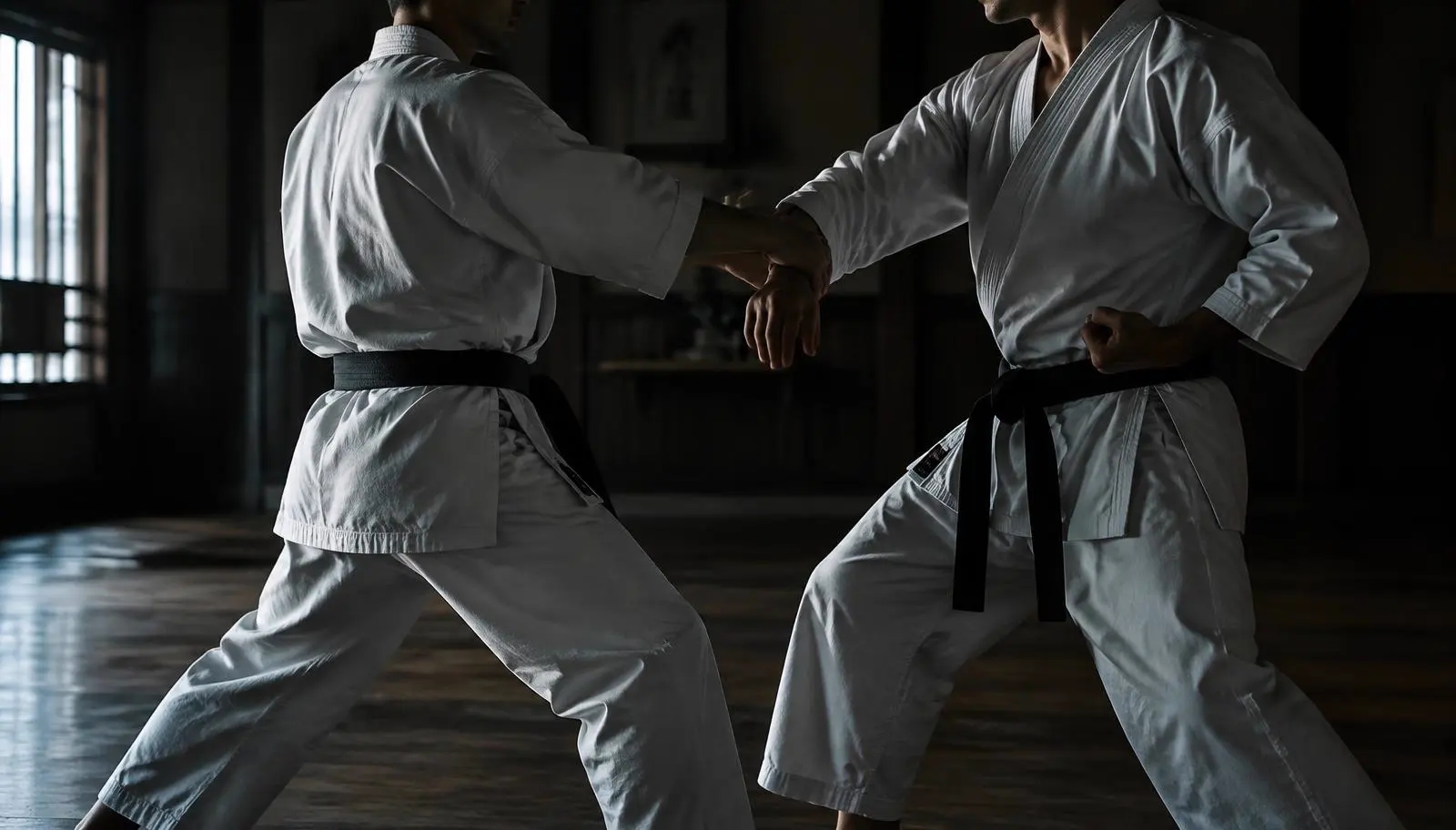 Dois karatecas em aplicação de kata em um dojô com pouca luz
