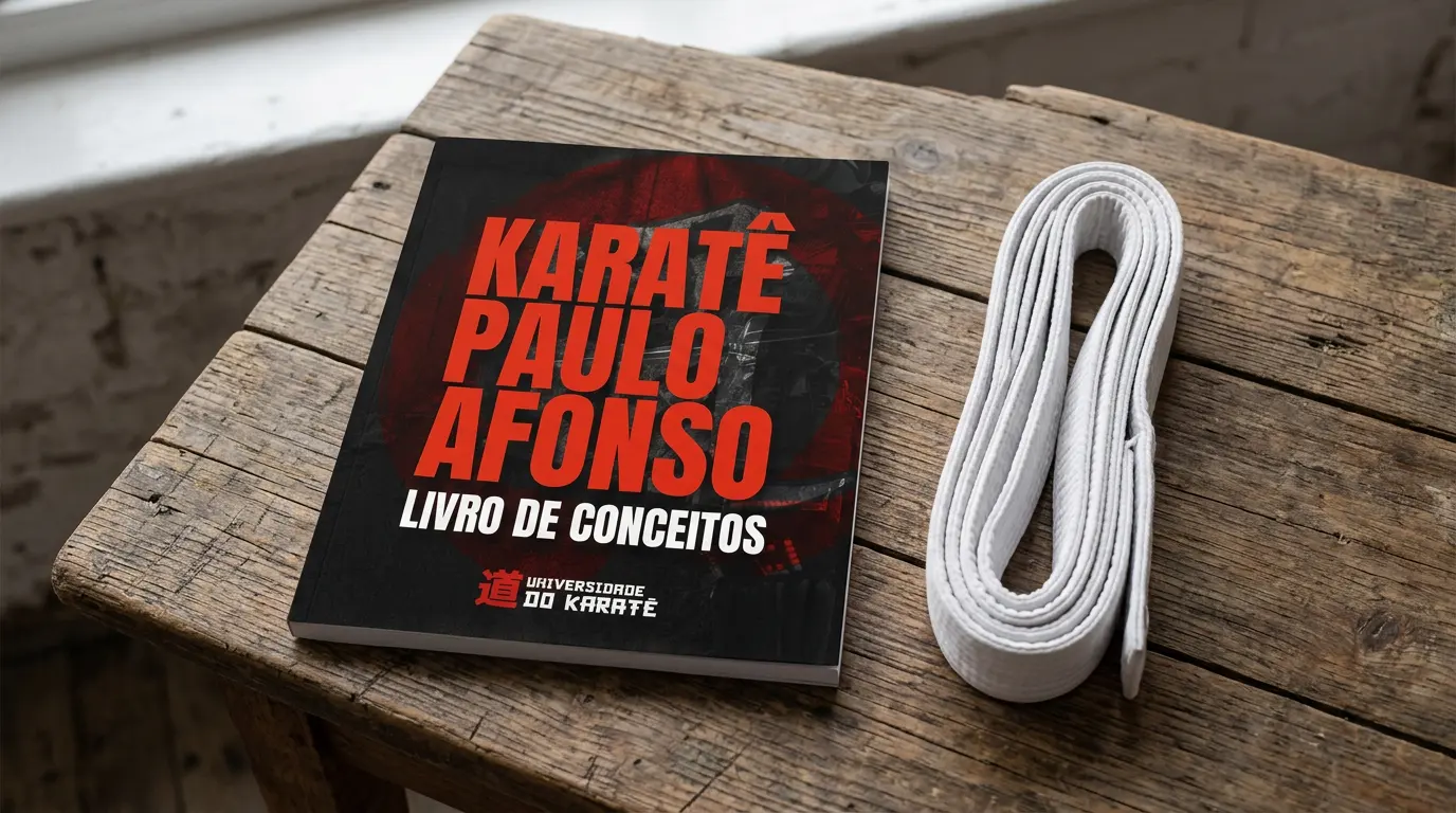 Livro de Conceitos sobre uma mesa de madeira, ao lado de uma faixa branca dobrada