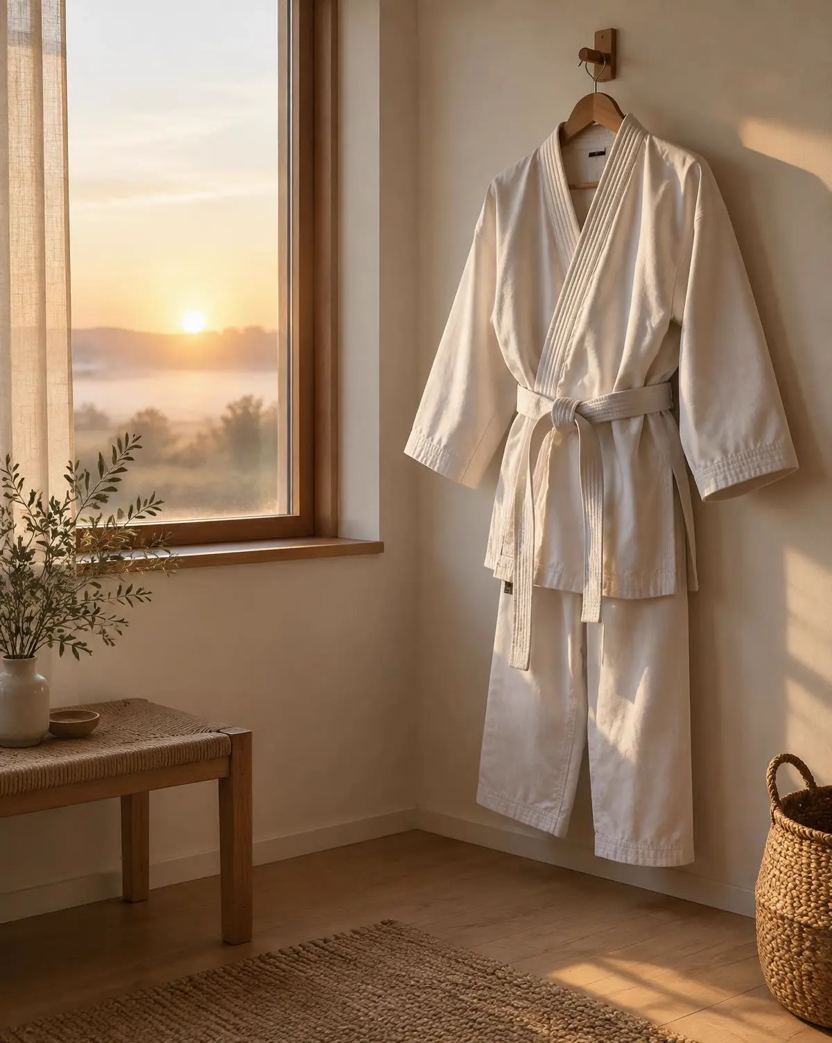 Kimono pendurado junto à janela ao amanhecer